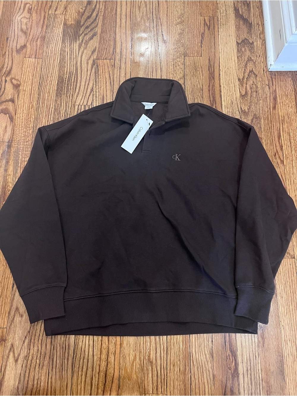 Calvin Klein Men’s Sweatshirt Collared Fleece Pullover Logo Brown Size Small